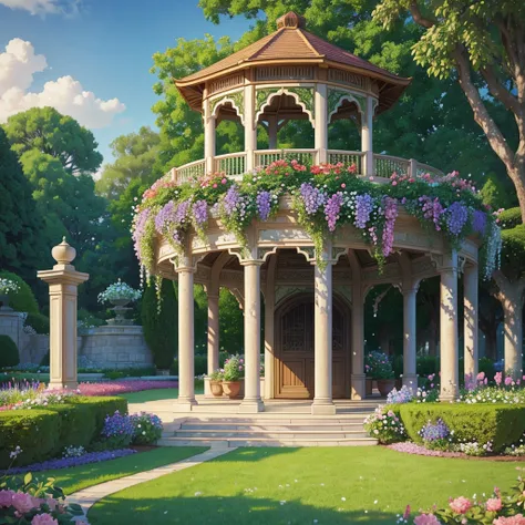 There is a gazebo，hori&#39;full of flowers and vines, royal garden background, beautiful render of a fairytale, , beautiful high resolution, Garden background, dreamy and detailed, Detailed view – width 672, background artwork, high detal), well rendered, ...