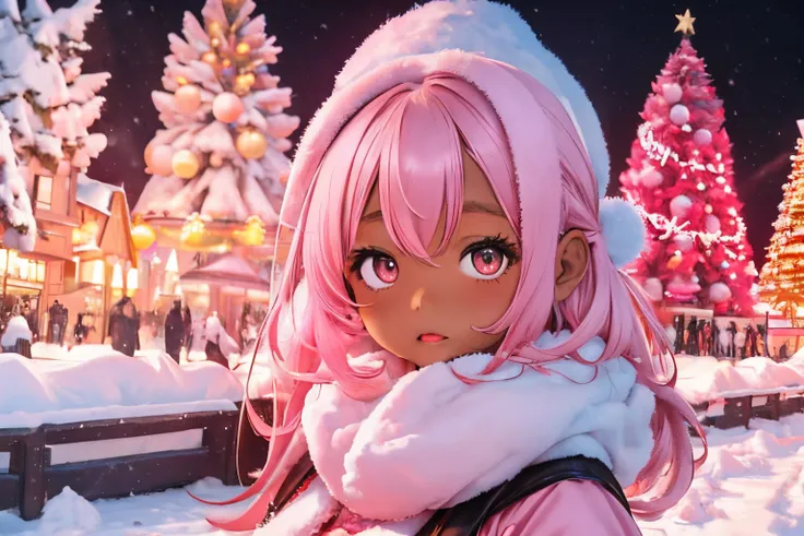 In a snowy city in winter,Voluminous and fluffy pink Santa costume,Christmas tree,Beautiful and fantastic view,pink hair,black Eyes,There are many gifts and ornaments around, (((brown skin girl))), pale pink, light pink background, desaturated
