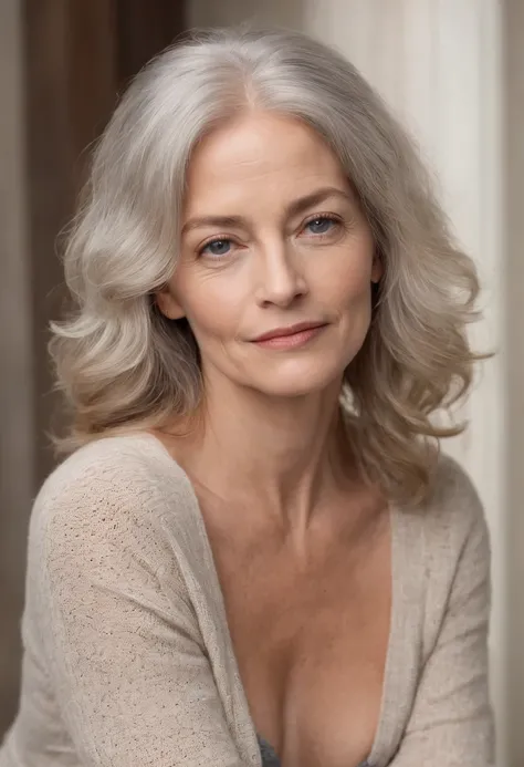 1Fille 50 ans, 3/4 length actor promo portrait photo, extra long luxurious extra curly white to light gray hair, middle aged Charlotte Rampling lookalike, visible wrinkles and other signs of aging, medium sized round upward pointing 36C breasts , Regarder ...