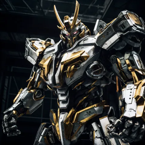 un gros plan d&#39;un robot avec un corps en or et en argent, Unreal Engine Render Saint Seiya, Combinaison mobile Barbatos, Visit the cinema AR 9:16 -n 6 -g, from transformers, Un grand robot mecha d&#39;Anime, Formidable robot mecha, Photo de rendu 8K oc...