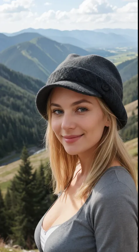 Cute German girl with dirty blonde hair, Roßa peaks and blue-gray eyes smiling in the mountains. Sie ist etwa 45 Jahre alt . Sie hat glattes Haar mit vorderem Pony Schnitt Frisur. She is 171cm tall and weighs 70kg`. Sie hat ein paar Sommersprossen in Wange...