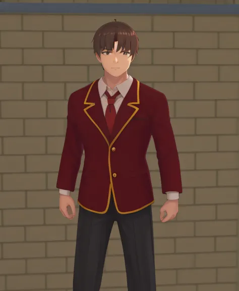 there is a man in a red jacket and tie standing in front of a brick wall, magical school student uniform, magic school uniform, ...