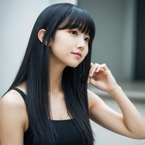 girl with, Solo, Long black hair with heavy bangs, Adults　 Upper body,