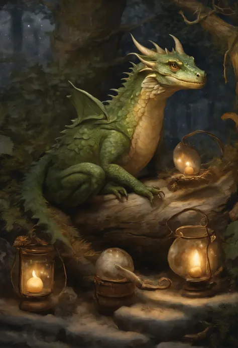 真实感, Fantastic tale, John Tolkien style, Christmas style, Small painting by Jean-Baptiste Monge, little dragons are born,  ass egg, muzzle sticks out of egg, Dragon eggs, Baby dragons, little dragons, baby dragons, dragonling, huge christmas tree, dragonli...