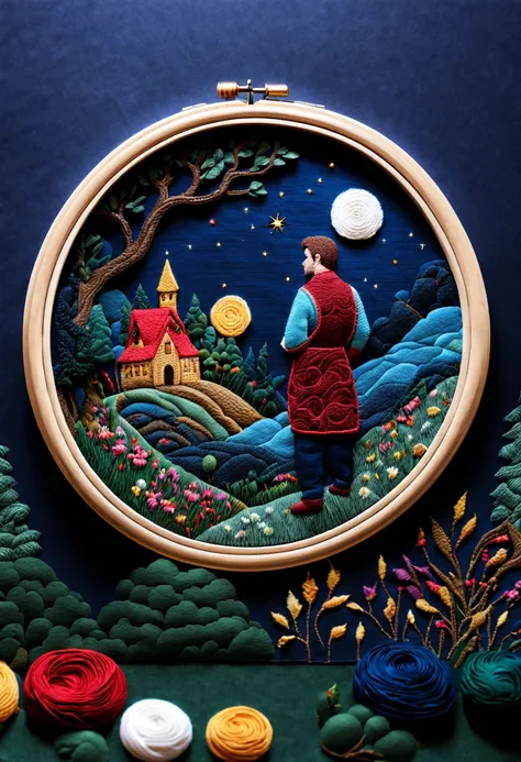 1man, hill, night, (embroidery circle, 3d framed embroidery, macro detailed stitching, intricate fabric texture), needle embroidery, Needlepoint, fantasy art, whimsical, intricate, (best quality, masterpiece, Representative work, official art, Professional...