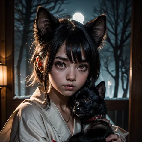 absurdres , highres, ultra detailed, (child 1girl:1.3) (leaning oversized animal 1dog:1.2), BREAK, creepy mini momo girl, (white kimono), BREAK, huge guard dog, black fur, glowing red eyes, evil look, BREAK, spooky woods, lost in dark wood, (at night:1.2),...