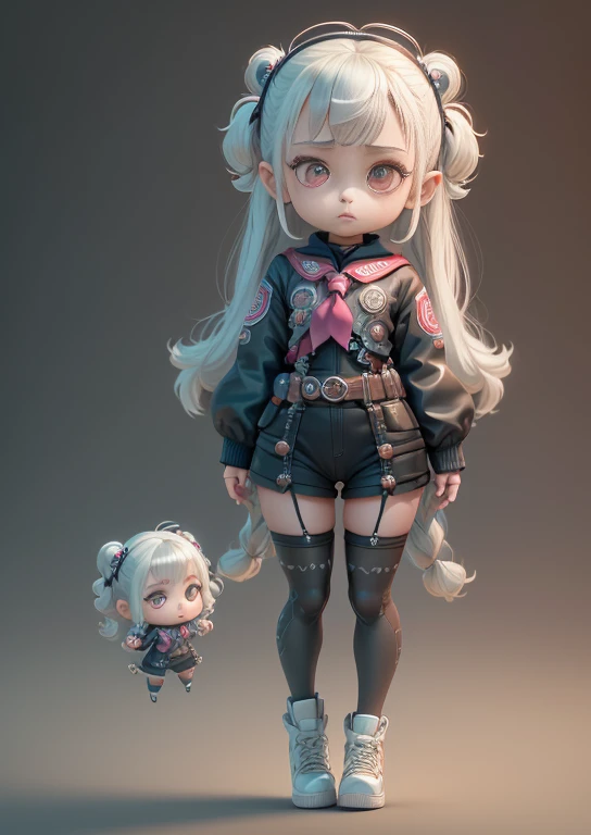 Super cute girl, Full body, 3D images,Five years old、bodyesbian scout outfit、1 Piece, Eyes look good.., s big eyes, ben lo, glad, C4D, Matt Pop Blind Box, Long gray hair, Bright bubbles, toyism, Solid color backdrop, chibi, Translucent fluorescent, Luminou...