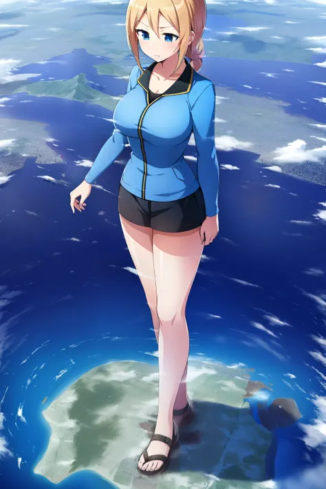 an anime female character standing on a mountain top next to a city, 1girl, solo, giantess, sky, giant, cloud, day, full body, blue sky, city, breasts