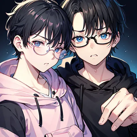 cute, caucasian, transman, very short hair, black hair, pink glasses, black hoodie, pouty small lips, button nose, blue eyes, ro...