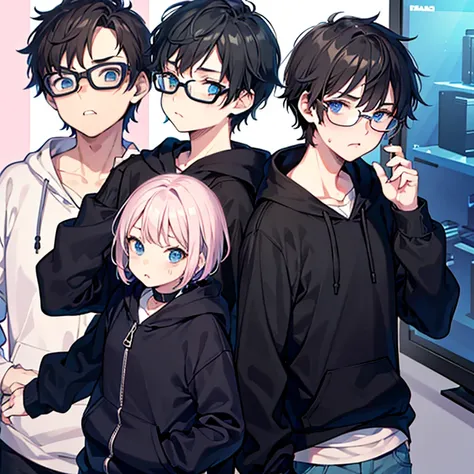 cute, caucasian, transman, very short hair, black hair, pink glasses, black hoodie, pouty small lips, button nose, blue eyes, ro...