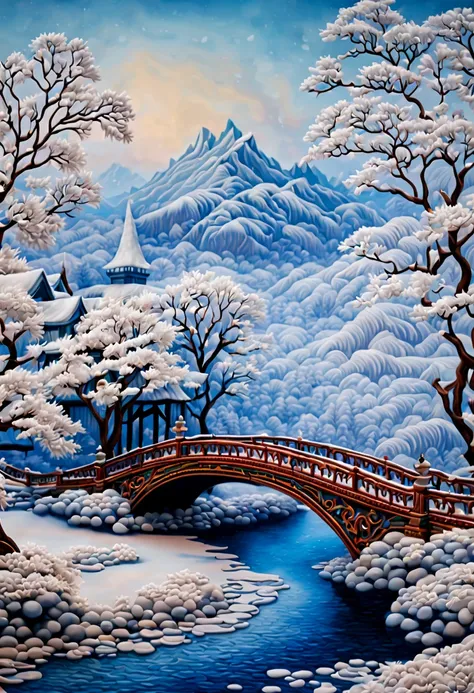 pavilion, bridge, winter, (3d framed embroidery, macro detailed stitching, intricate fabric texture), needle embroidery, Needlepoint, fantasy art, whimsical, intricate, (best quality, masterpiece, Representative work, official art, Professional, unity 8k w...