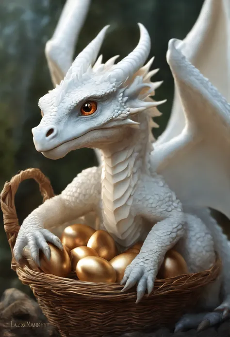 There is an adult dragon, holding a basket of ostrich eggs., A Newly Hatched Dragon, realistic fantasy illustration, Dragon eggs, Cute little snow dragon, by Adam Marczyński, Author: Kerembeyit, hyperrealistic fantasy art, adorable digital painting, Portra...