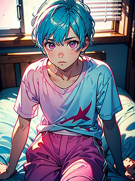 (best quality, masterpiece), portrait, 1 boy, solo, (light blue hair, short), ( pink eyes, sharp look), pink large shirt, white pants,