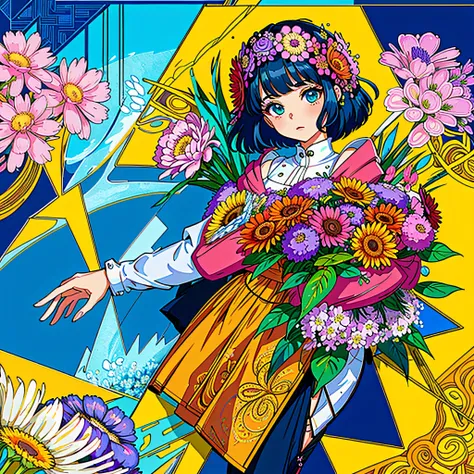 (ultra-detailed background, detailed background), absurdres, highres, ultra detailed, extremly detailed, 1girl, (bunch of flowers:1.3), (zentangle:1.2), (geometric:1.2),(colorful),