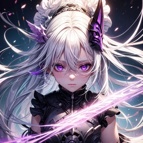 1girl in, White hair, multicolored hair, Purple eyes, mask on head, side lights, light Particle, Wallpaper, Armap, Sweating