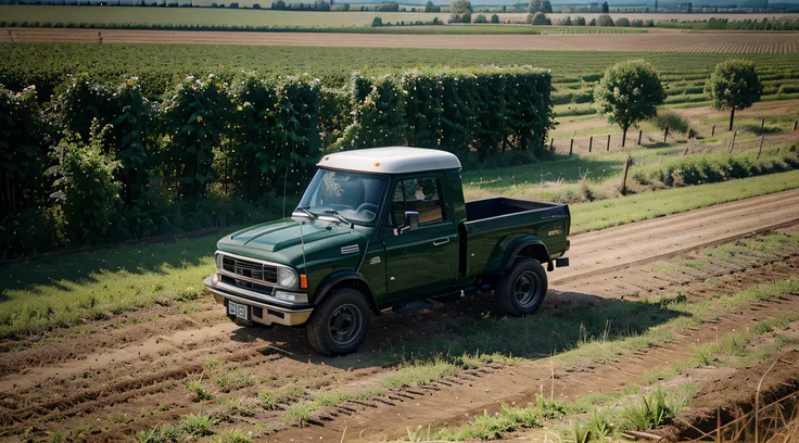 Small modern truck for agriculture, countryside background, Digital photo, Rendering, Life-size, Correct shapes, In the middle, Realistic vision, Very high detail, sharp-focus, shooting with a digital SLR camera, 12), Full HD