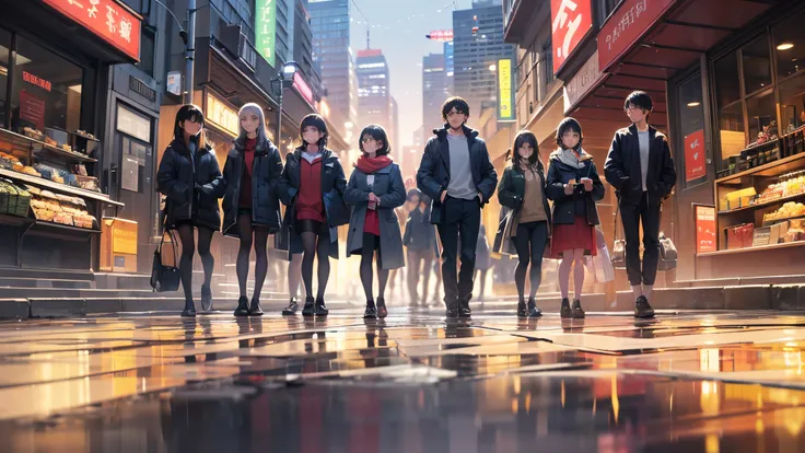 Before the school entrance, students gathered in a group, holding steaming hot drinks, exchanging winter vacation plans (A theme of cold winter life in a modern big city in southwest China). Pixar 3D animation,  pen cartoon, clean picture, exquisite pictur...