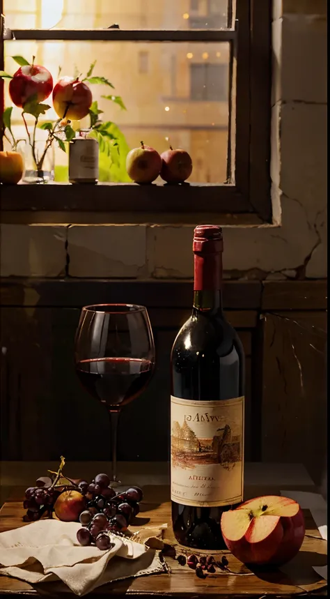 there is a red wine bottle on the table、apples and peaches, napkins and wine glasses,  window lighting , background curtains, st...