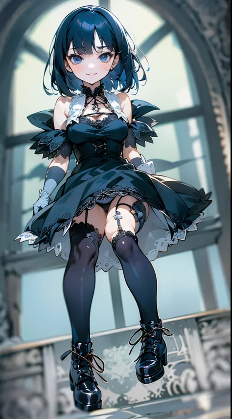 1girl, solo, (floating:1.5), elegance, anime style, dark blue hair, straight short bob, sanpaku eyes, unpleasant smile, black gothic elegant dress, black latex gloves, white lace-up boot, rawphotography.