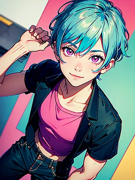 (best quality, masterpiece), portrait, 1 boy, solo, (light blue hair, short), ( pink eyes, sharp look), large shirt, skinny pants, light smile, sexy,