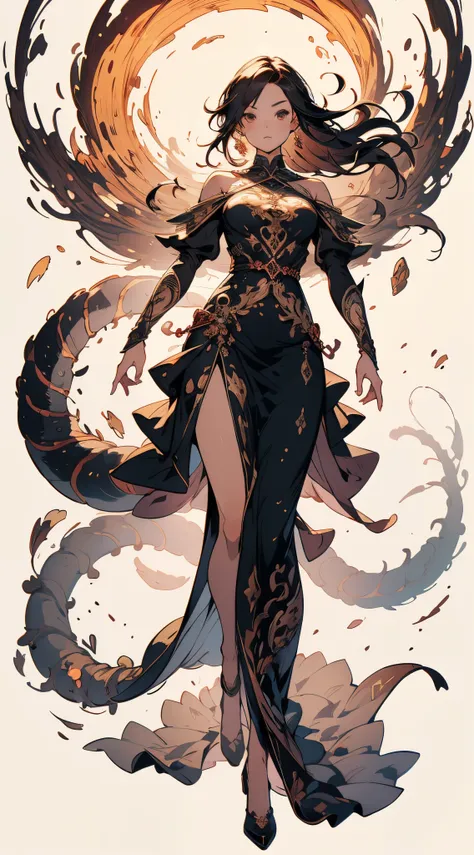 ((worm's pov)) 1 girl, highly detailed symmetrical face, long flowing hair, long dress intricately detailed, mid action walking ...