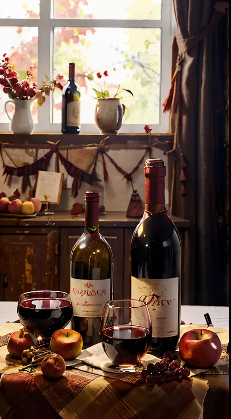 There is a red wine bottle on the table、Apples and peaches, Napkins and wine glasses,  Window lighting , Background curtains, Still life impasto painting , deep dark background,wine label on white, The name of the wine is "Arevi"