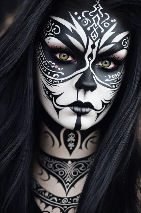 a close up of a woman with a black and white face paint, kabuki makeup, tribal face paintings, intricate cyberpunk make - up, regal and menacing visage, intricate makeup, tribal facepaint, symmetrical painted face, intricate face, with black metal face pai...