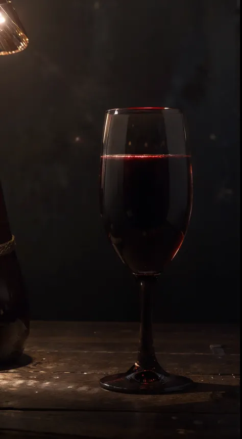 a delicious glass of red wine，in the glass bottle at the back, Fundo Oscuro, kinematics, professional photoshooting, low-key studio lighting, Research background, advertisement photography, Complicated details, ultra - detailed, hyper realisitc, 8k ultra h...