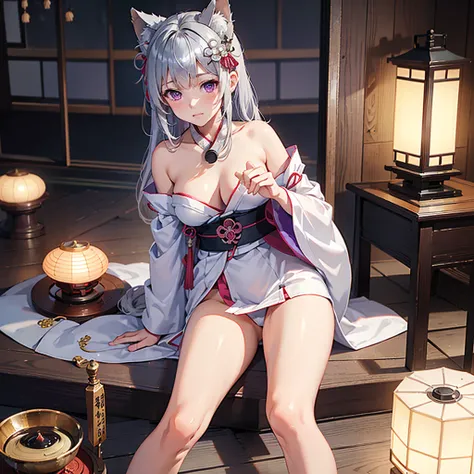 (Best Quality:1.4), hight resolution, masutepiece,, 1girl in,, Silver hair, Purple eyes, (Kemomimi), medium breasts, bare slim thighs,, Hair Ornament, (Japanese shrine maiden clothes with a lot of exposure),, blush,, lantern, shrines,inside in room, Detail...