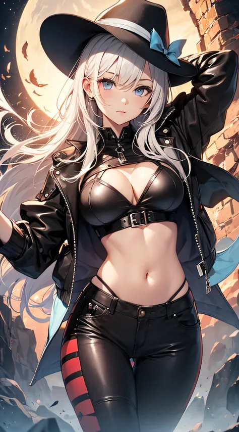 top-quality、Top image quality、​masterpiece、Teenage girl((Black coat、Black Leather Sports Bra、shine of black leather、black leather long pants、western hat、18year old、 Ager、Best Bust、big bast,Beautiful light blue eyes, Long Blonde Hair、A slender,Large valleys...