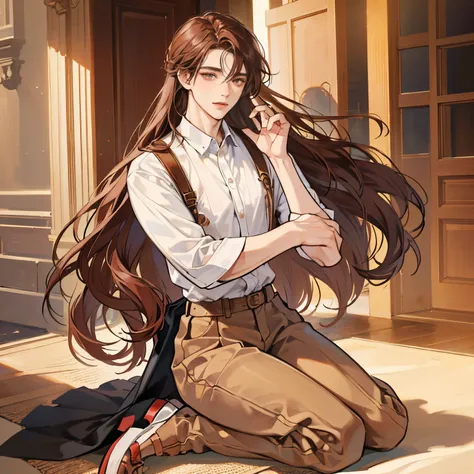 (absurdres, highres, ultra detailed) A tall young male with long hair, reddish-brown hair, brown finely eyes, and light fair skin, blush on face, fit build, neutral casual clothes, full body poses