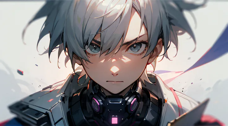 ((Best Quality)), ((masutepiece)), Perfect face, cyberpunked, Gray-haired young man, Near future, Cool, Leaning to the right