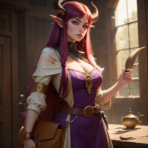 8k, masterpiece, best quality, realistic, higly detailed, cowboy shot, 1girl, solo, Khassandra, tiefling, 180cm tall, reddish skin, golden eyes, rams horns, long purple hair, wears  clothes such as a beige dress and a utility bag, where she carries feather...