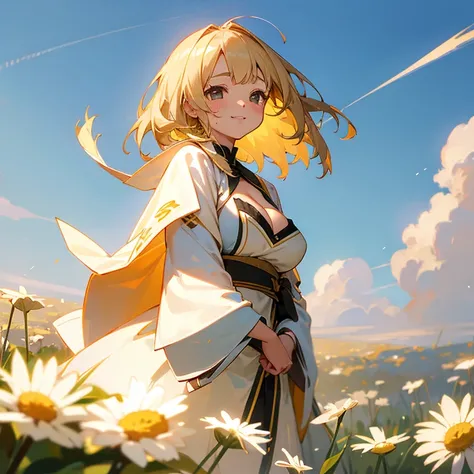 One girl、High school students、Dandelion field、Sunny、huge tit、Huge breasts that are big enough to show a big cleavage、Wakaba-colored poncho over white sweater、eyes are white、light skinned、Hair gradients（Starting from the top, the hair changes from blonde to...