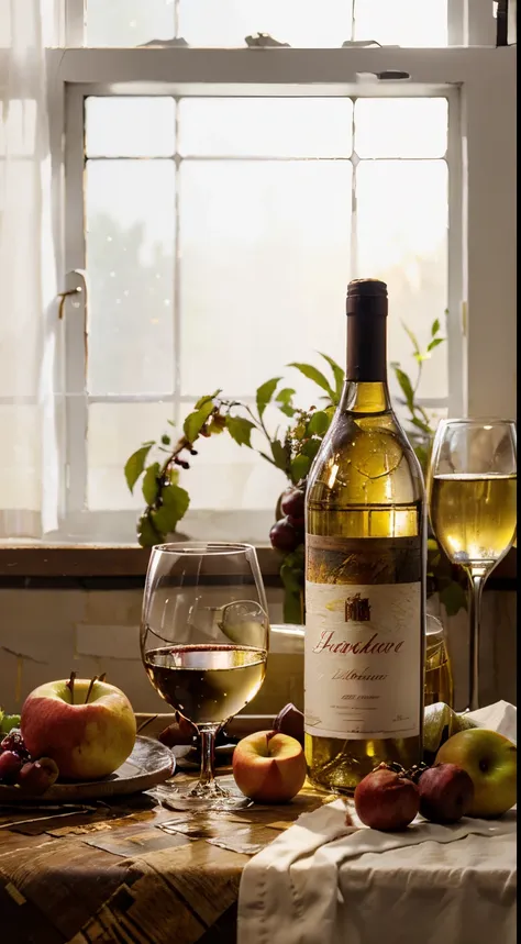 there is a bottle of white wine on the table、apples and peaches, napkins and wine glasses,  window lighting , background curtain...