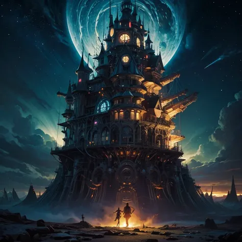 1 alien-like, biomechanical castle, Howls Moving Castle inspiration, steampunk with extraterrestrial twist, living, breathing structure, tentacle-like appendages, glowing energy cores, surreal environment, starry night backdrop, mysterious, otherworldly pr...