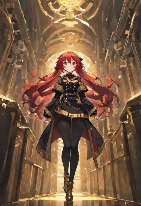 masterpiece, girl, long red hair, captain, black uniform, full body, black pants, gold rank insignia, long black boots, captains hat