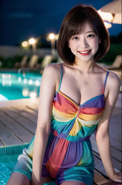 wearing a rainbow colored suit, short-hair, Hi-Res, Cinematic Angle, Professional Lighting, Unity 8k壁纸、Aesthetic、​masterpiece、top-quality、Shy laughter, Summer, Lustful, Beach at night, Night Pool