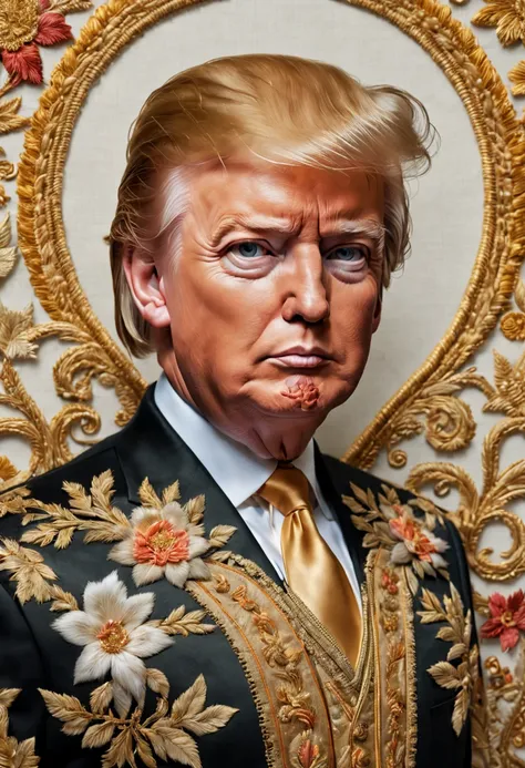 embroidering Trump on silk,(best quality,4k,8k,highres,masterpiece:1.2),ultra-detailed,(realistic,photorealistic,photo-realistic:1.37),fine silk threads,delicate needlework,paying attention to every detail,meticulously capturing Trumps facial features,prec...