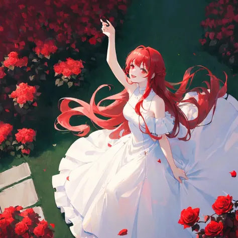 happy,(((masterpiece))),best quality,full body,white Slender line dress,(((Hair length to the shoulders))),from above,red long hair, (1 girl),hand in own hair,rose garden,wind,red eye,looking up