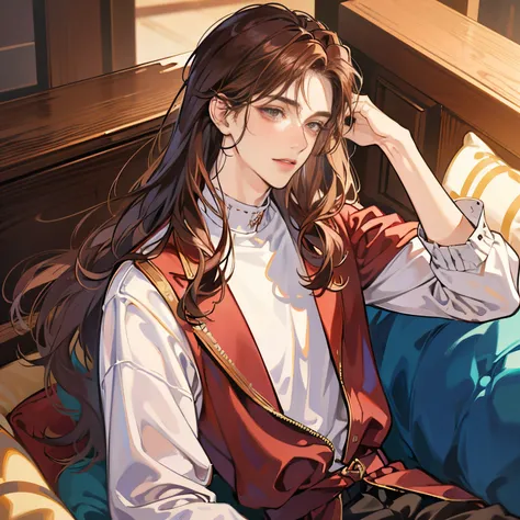 (absurdres, highres, ultra detailed) A tall young male with long hair, reddish-brown hair, brown finely eyes, and light fair skin, blush on face, fit build, cool tone casual clothes, full body poses