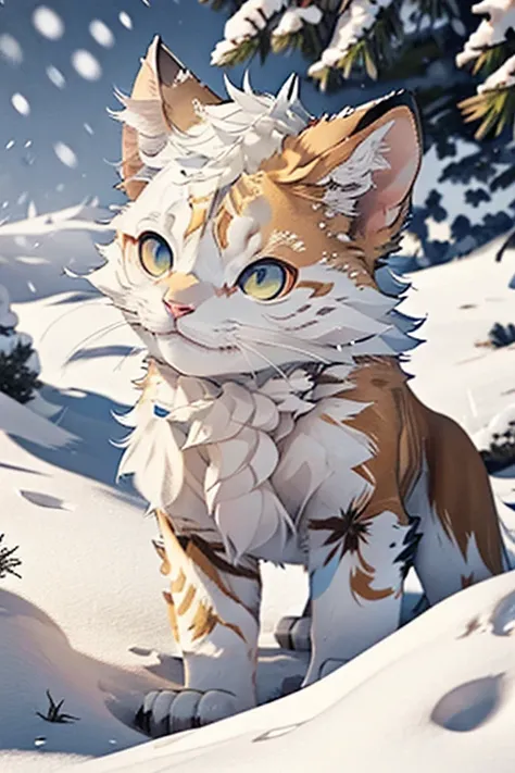 (snow art, snow theme:1.4), a lion cub explorer, Snowy Mountain, snowstorm, strong wind, (Motion Blur), (best composition), ultra-wide-angle, octane render, enhance, intricate, (best quality, masterpiece, Representative work, official art, Professional, un...