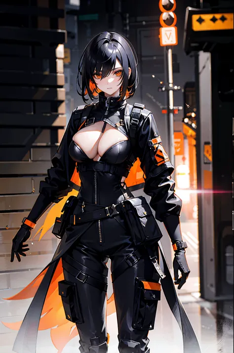 "Create a masterpiece, with a woman, from the front, short hair, black hair and the right of it with an orange streak, dressed in a black jacket, imposing, with a pistol on her waist, detailed her face and body and clothes. The resolution texture should be...