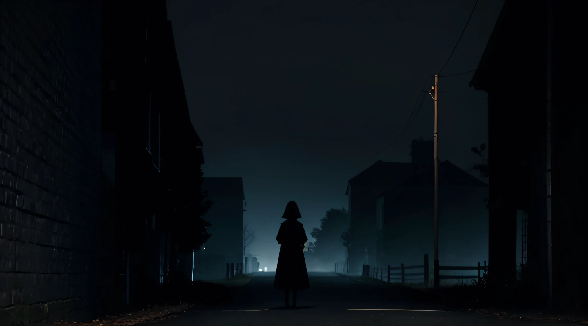 Illustrate the chilling moment when the children notice a tall, hollow-eyed silhouette at the end of the street, lurking in the darkness.