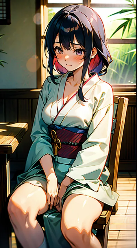 Japanese-style kimono, A cute girl around 18 years old, Her kimono is exposed and her breasts are peeking out., sitting on a bamboo chair, blushing cheeks, Japanese-style interior, The sunlight is shining through the window