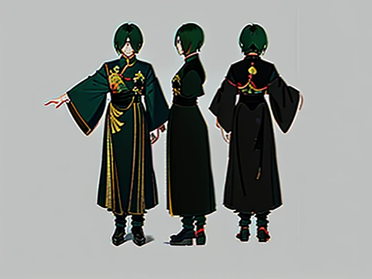 tmasterpiece，beste-Qualit，1girll，dark green hair，Short, detailed hair，Black Eyes，Chinese outfit，goggle eyes，Three types，Character drawings，identical outfits，