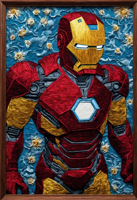 by van gogh, Iron Man, (3d framed embroidery, macro detailed stitching), intricate, (best quality, masterpiece, Representative work, official art, Professional, unity 8k wallpaper:1.3)