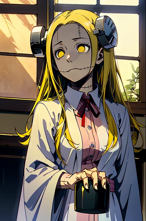 madaraki_fran,a  girl , drinks coffee from a mug , surgeon&#39;gown , clear face , clean hands , hairlong , yellow hair,seams , ...