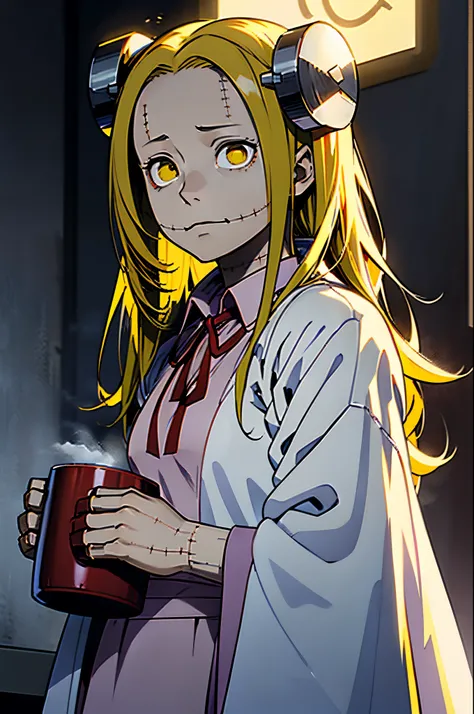 Madaraki_Fran,A  girl , drinks coffee from a mug , surgeon&#39;gown , clear face , Clean hands , hairlong , yellow hair,seams , Scars on the body , A creepy look , scary eyes , An intimidating look , creepy smile , bags under eyes, ((((Tired))))