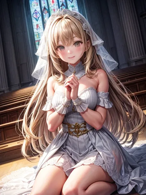 In front of the altar of a majestic church、（blurry backround）、brightened light、golden long hair girl、Classic White Wedding Dresses、（elegant luster）、（Lots of races）、lots of ribbons、（（voluminous puff sleeves））、long cuffs with many buttons、golden embroidery、L...